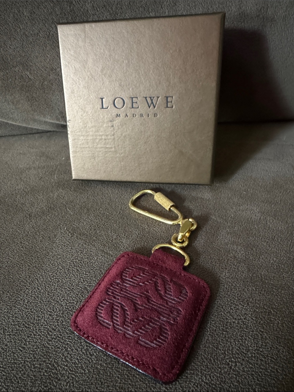 Loewe Burgundy Suede Anagram Key/Bag Charm Gold Hardware With Box